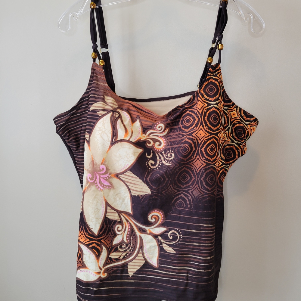 Addition Elle Black and Orange Floral Tankini Swim Top 3X
